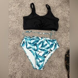 Black and Blue Leaf Print Bikini Set